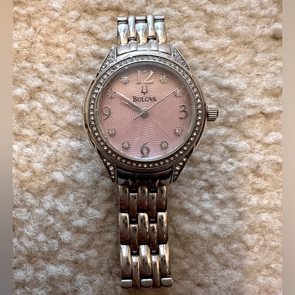Bulova Watch Pink Face Silver Dial